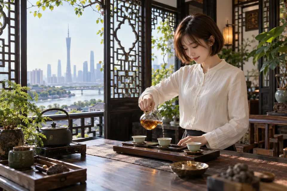 岭南花窗旁，公道杯分茶，冲泡空间光线柔和