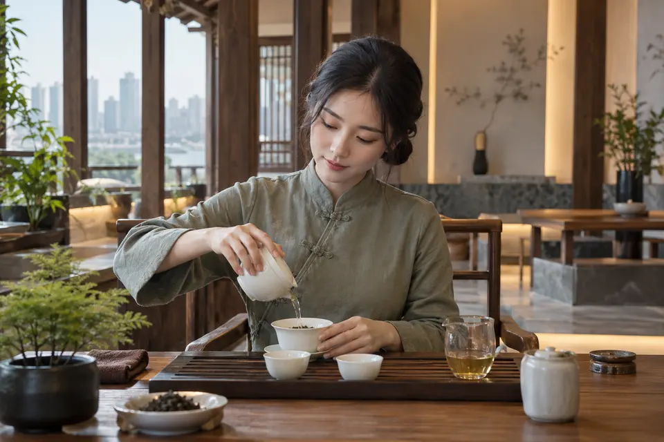 新中式茶席上，盖碗与公道杯准备冲泡