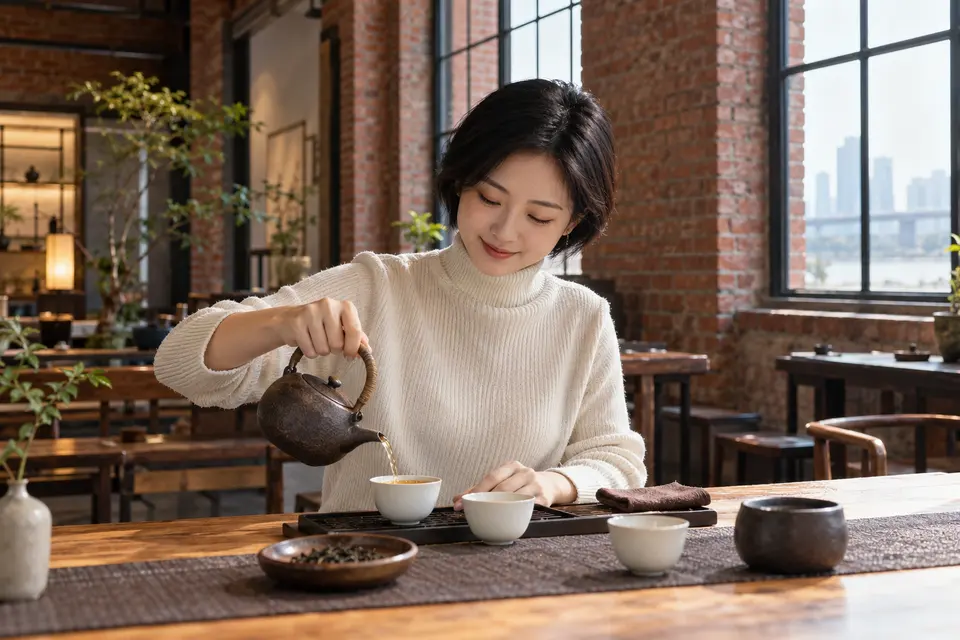 红砖改造空间内，陶壶倒茶，茶席布置简洁