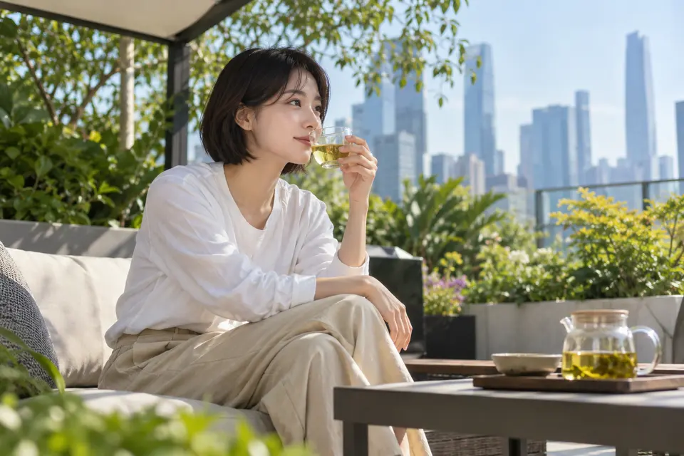 城市花园户外，玻璃杯中冷泡茶与绿植背景