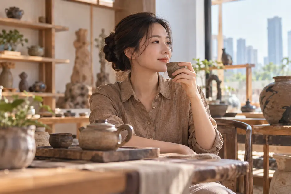 陶艺茶器工作室内，陶制茶杯与茶具陈列