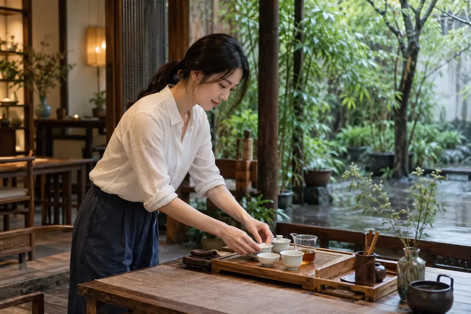 庭院茶席布置，竹制茶具与盖碗摆放于桌面