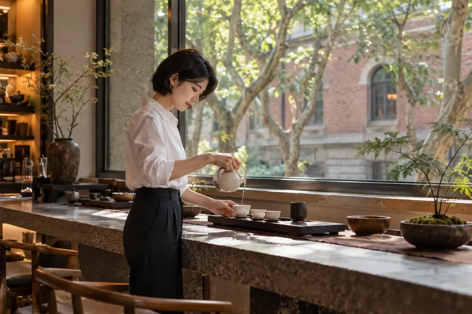 都市街区茶室内，白瓷茶具倒茶的动作特写