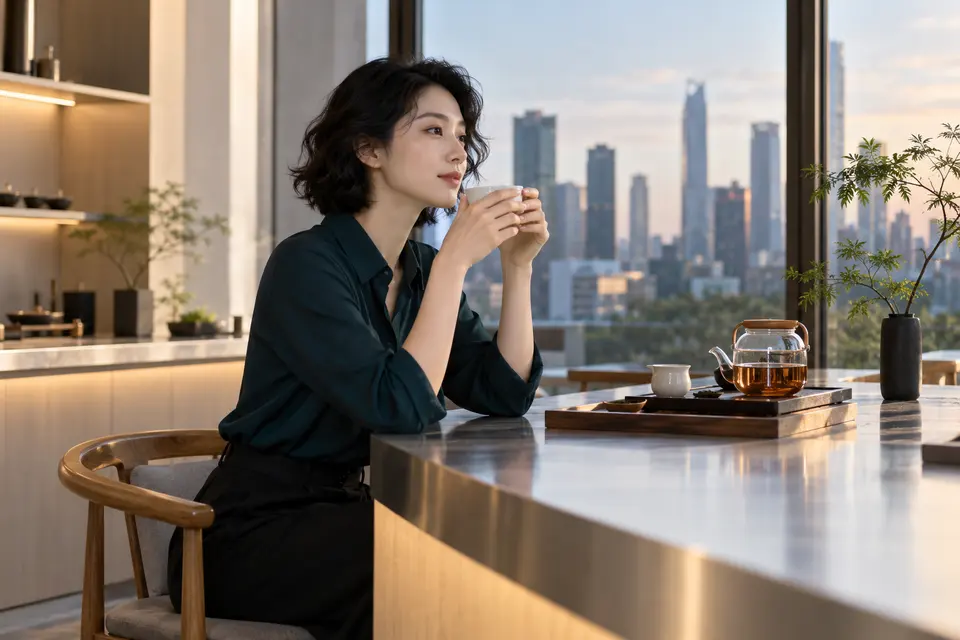 深圳现代设计茶吧内，白瓷茶具摆放在茶席上，年轻女性正在品茶