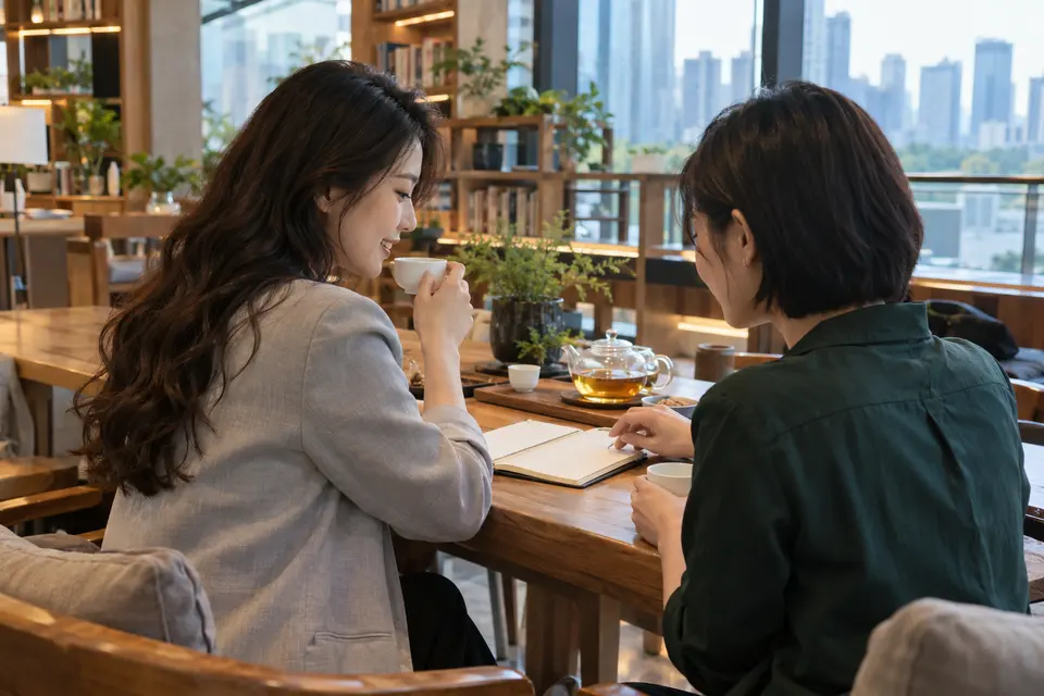 共享书房内，年轻女性阅读记录，进行茶文化交流